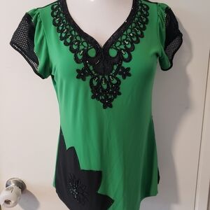 Green and Black Lace Accent Women's Top